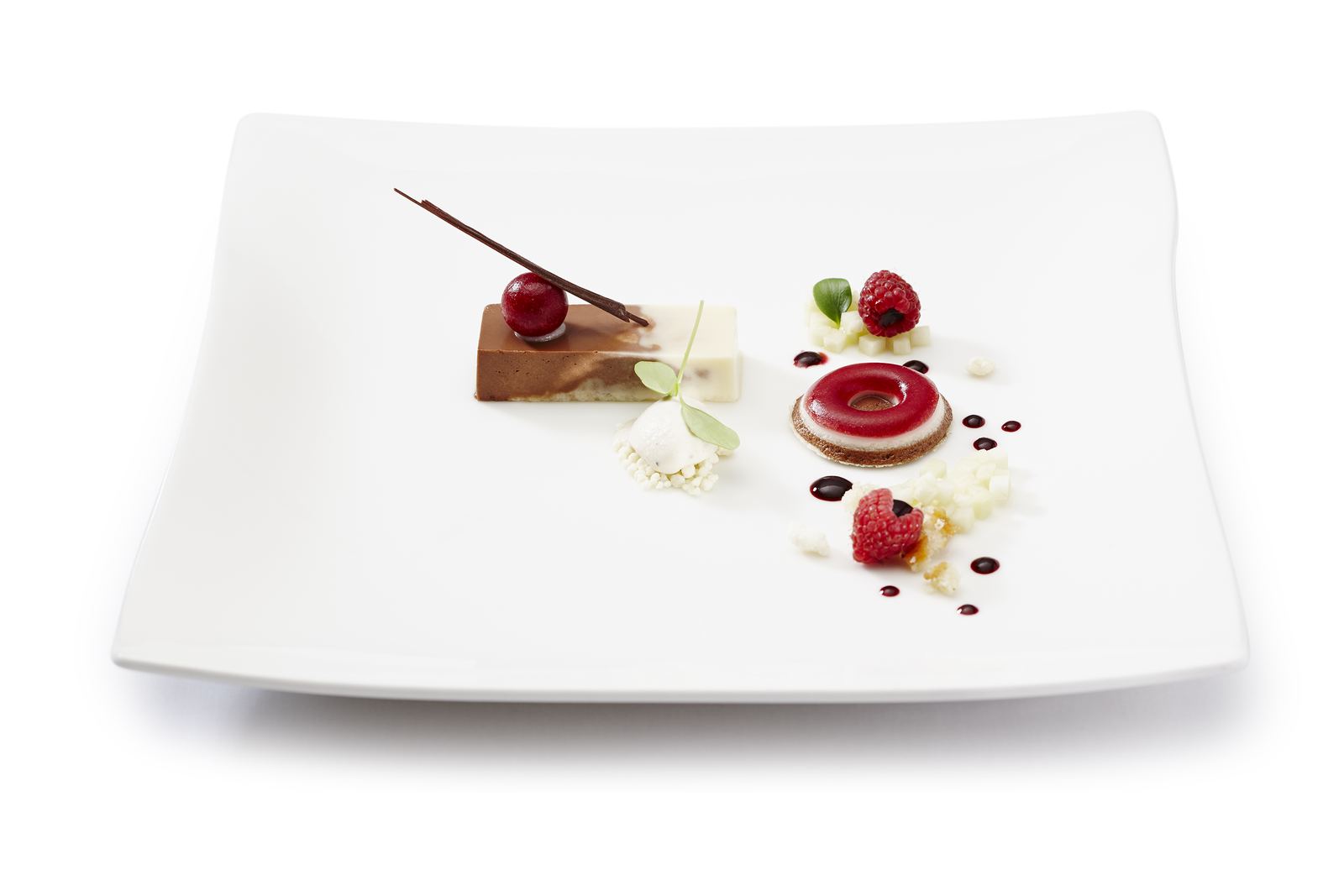 Plated dessert: marbled chocolate-vanilla terrine with glazed cherry, berry-glazed ring tart and raspberries
