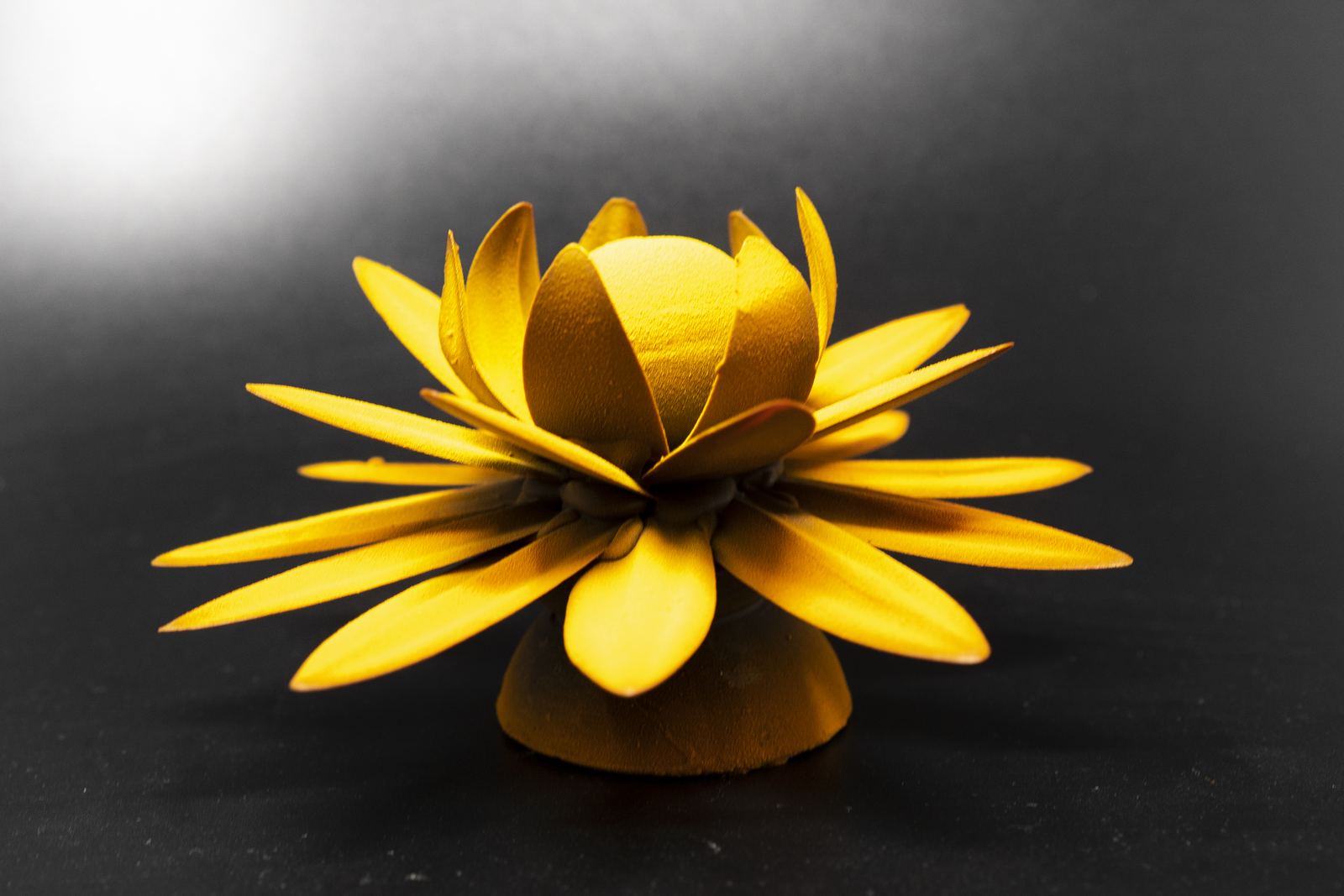 Yellow sugar-paste flower showpiece with long pointed petals radiating around a domed centre